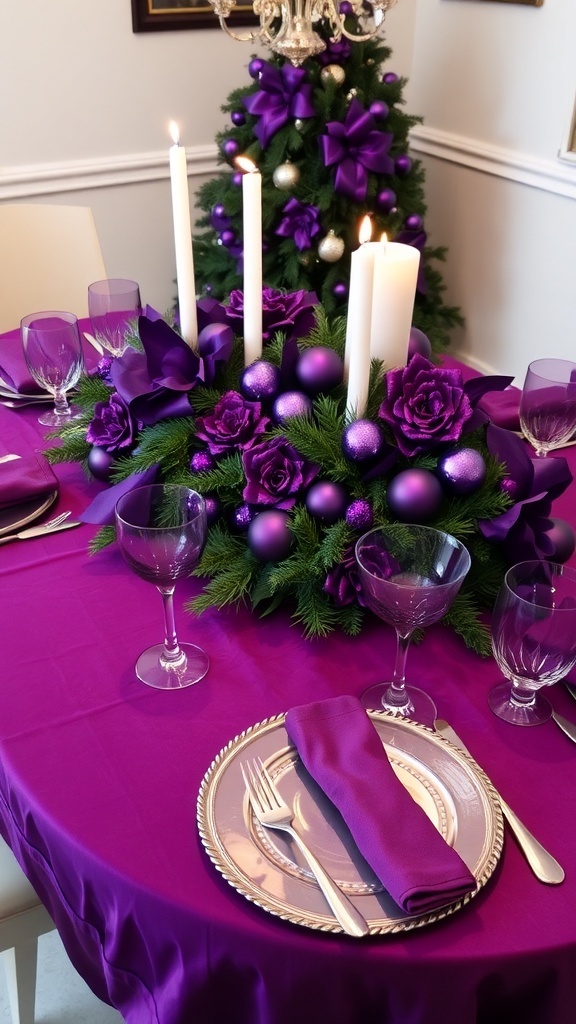 Elegant Christmas table setting with purple decorations, silver cutlery, and festive centerpieces.